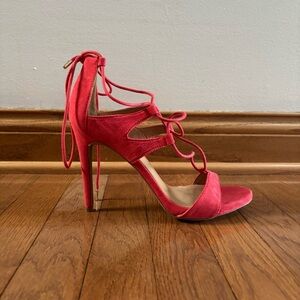 Hot Red Faux Suede Lace Up High Heels